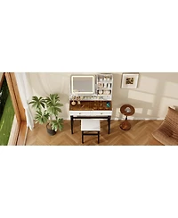 Streamdale Furniture Makeup Vanity with Led Mirror, 2 Drawers, Power Outlet and Stool