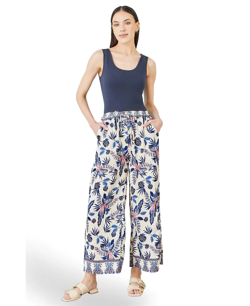 Yumi Women's Bird Print Viscose Wide Leg Trousers