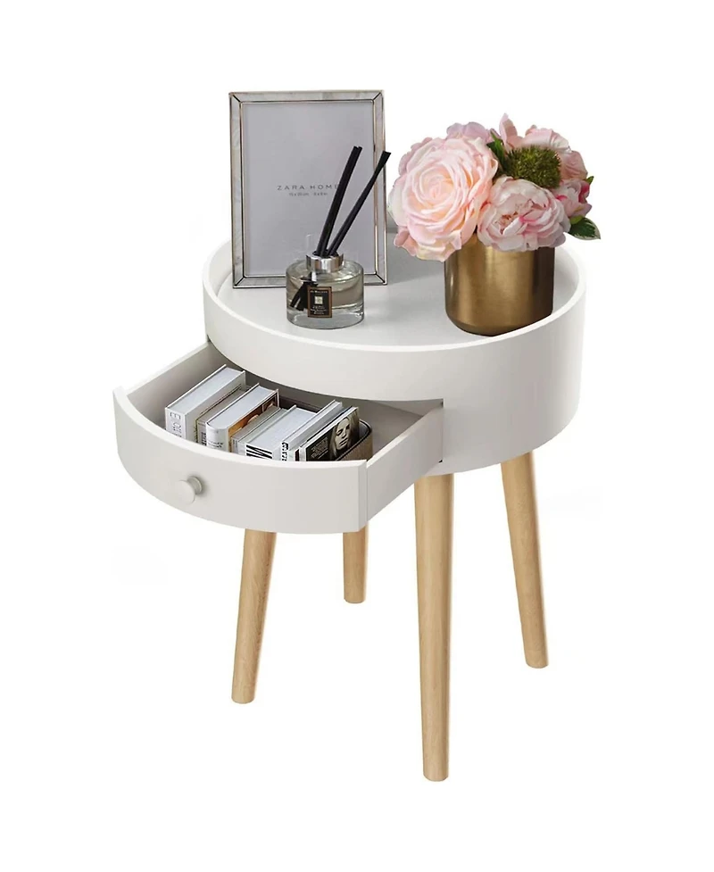 Rainsken Round Nightstand with Storage Drawer, Compact Oak Legs Bedside Table, Sofa Side Coffee Table for Bedroom, Living Room