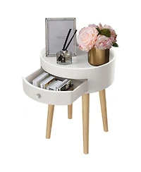 Rainsken Round Nightstand with Storage Drawer, Compact Oak Legs Bedside Table, Sofa Side Coffee Table for Bedroom, Living Room