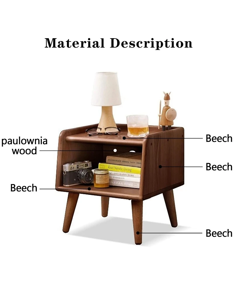 Rainsken Solid Wood Nightstand, Mid Century Modern Bedside Table with Open Storage Shelf for Bedroom, Living Room