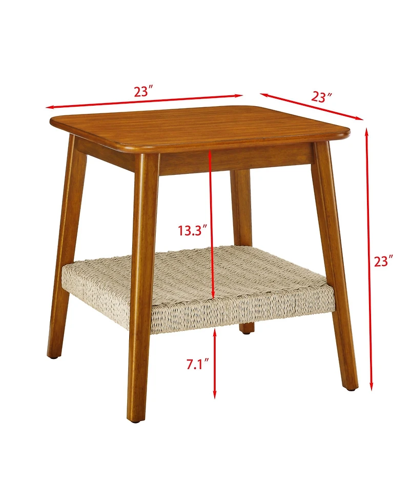 Rainsken 23" Square Wooden End Table with Woven Storage Shelf, Mid-Century Bedside Table, Nightstand for Living Room, Bedroom, Office