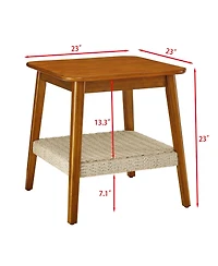 Rainsken 23" Square Wooden End Table with Woven Storage Shelf, Mid-Century Bedside Table, Nightstand for Living Room, Bedroom, Office