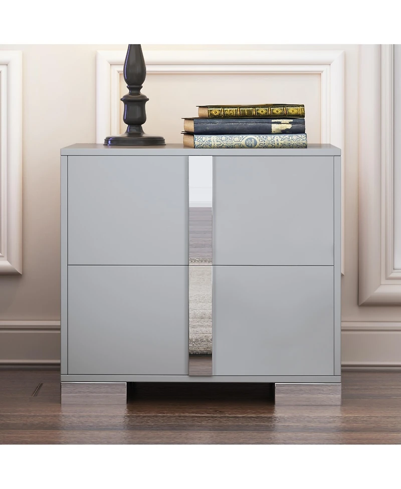 Rainsken 1 Pc Mdf Elegant Nightstand with Silver Mirrored Handle and 2 Drawers Bedside Table