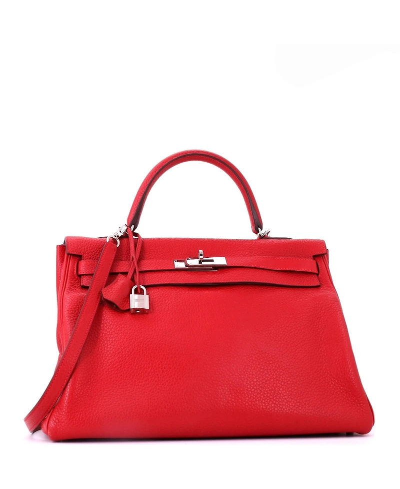 Pre-Owned HERMES Kelly 35 Handbag Red Clemence with Palladium Hardware