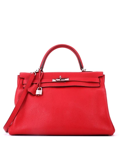 Pre-Owned HERMES Kelly 35 Handbag Red Clemence with Palladium Hardware