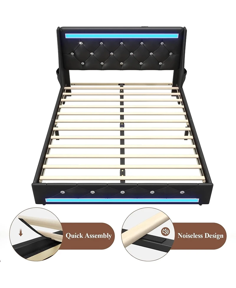 Lucky One Queen Size Bed Frame with Led Lights, Upholstered Bed Frame with Charging Station
