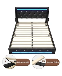 Lucky One Queen Size Bed Frame with Led Lights, Upholstered Bed Frame with Charging Station