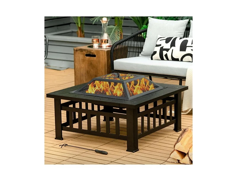 Mondawe 32 Inch 3 in 1 Outdoor Square Fire Pit Table with Bbq Grill and Rain Cover for Camping