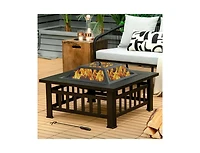 Mondawe 32 Inch 3 in 1 Outdoor Square Fire Pit Table with Bbq Grill and Rain Cover for Camping