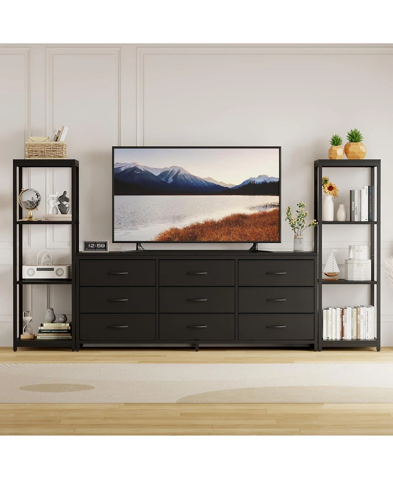 gaomon Tv Stand for 75 Inch Tv, Entertainment Center with Led Lights and Power Outlets, Modern Tv Media Console with 9 Drawers