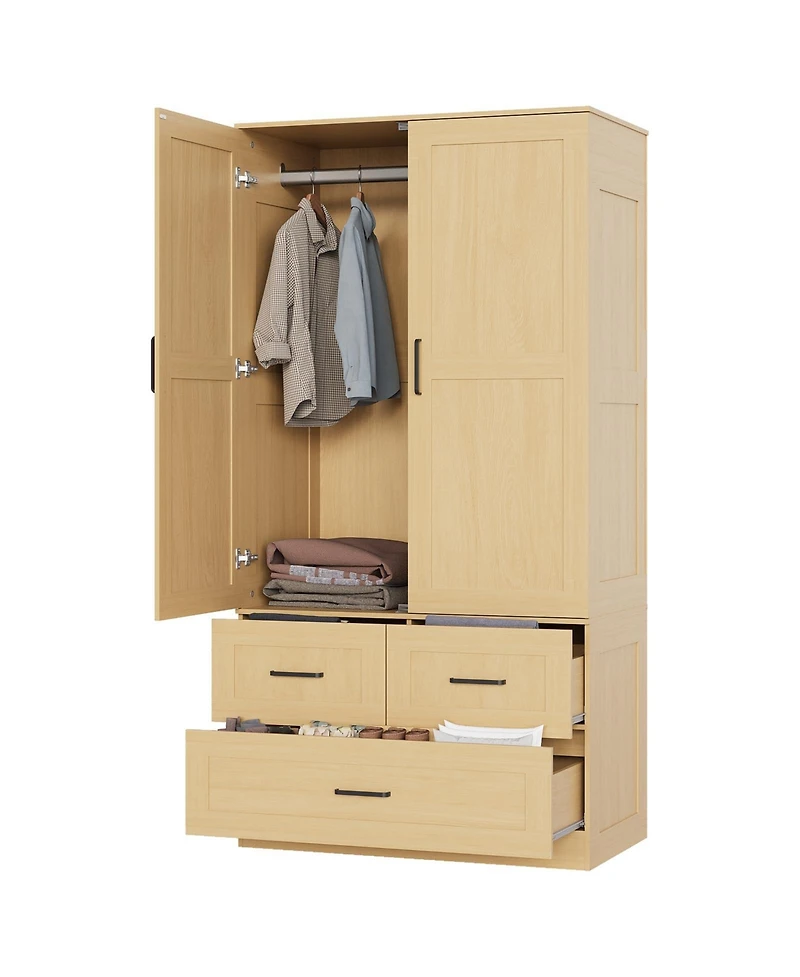 gaomon Freestanding Wardrobe Closet with Hanging Rod and 3 Drawers, 70" Tall Wooden Storage Cabinet for Bedroom