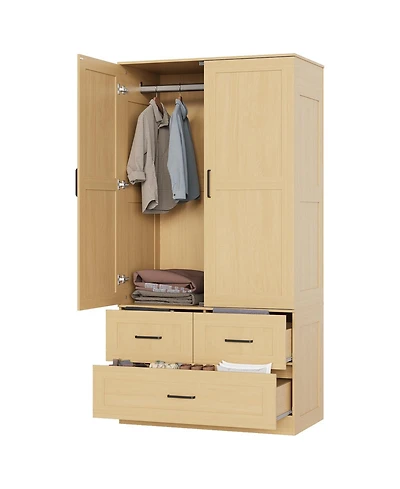 gaomon Freestanding Wardrobe Closet with Hanging Rod and 3 Drawers, 70" Tall Wooden Storage Cabinet for Bedroom