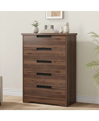 gaomon 5 Drawer Dresser With Embedded Handles, Walnut Wooden Chest For Bedroom, Living Room, Nursery, Hallway