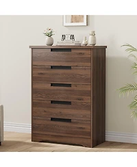 gaomon 5 Drawer Dresser With Embedded Handles, Walnut Wooden Chest For Bedroom, Living Room, Nursery, Hallway