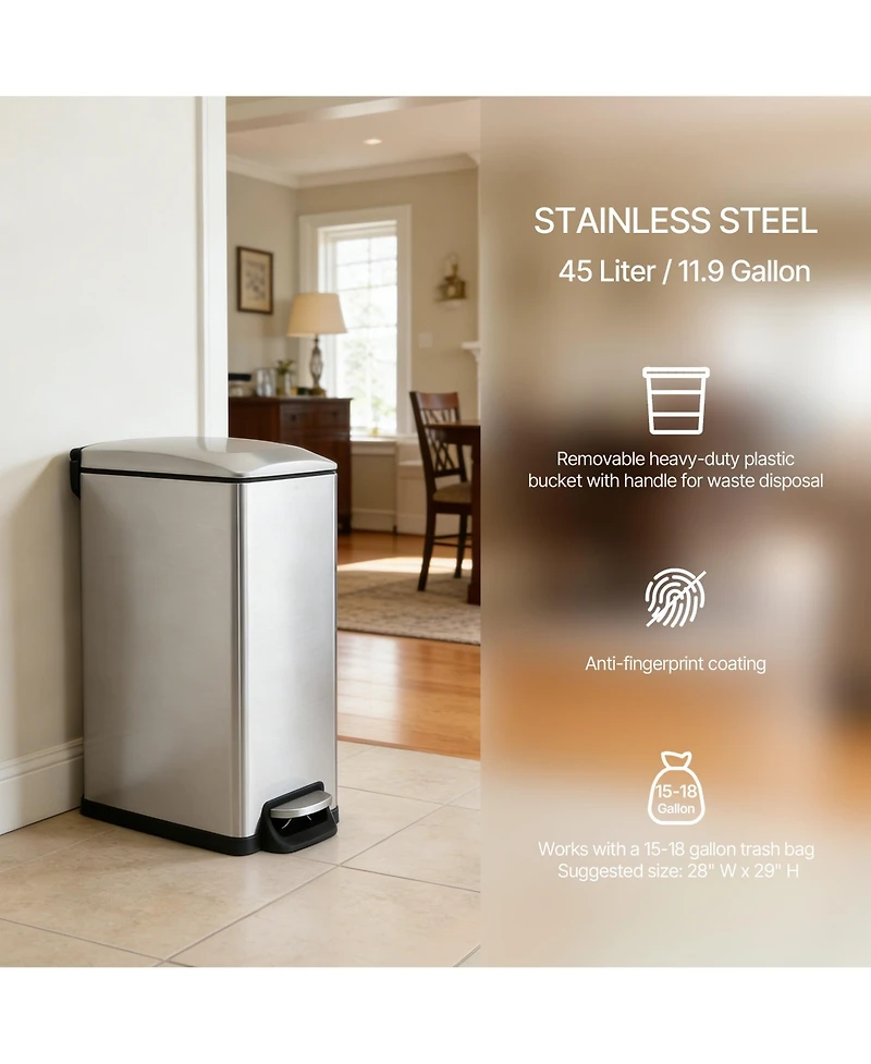 Mega Casa 12 Gallon / 45L Stainless Steel Step Kitchen Trash Can, Rectangular Waste Basket with Soft Close Lid & Removable Inner Bucket