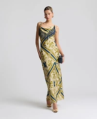 Avec Les Filles Women's Cowl Neck Scarf Print Maxi Dress