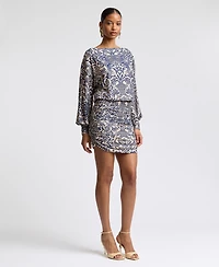 Avec Les Filles Women's Boat Neck Ruched Printed Mini Dress