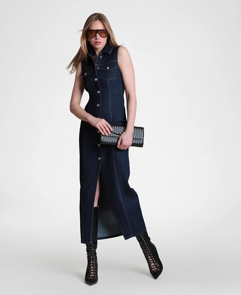 Avec Les Filles Women's Sleeveless Collared Mixed Media Maxi Dress