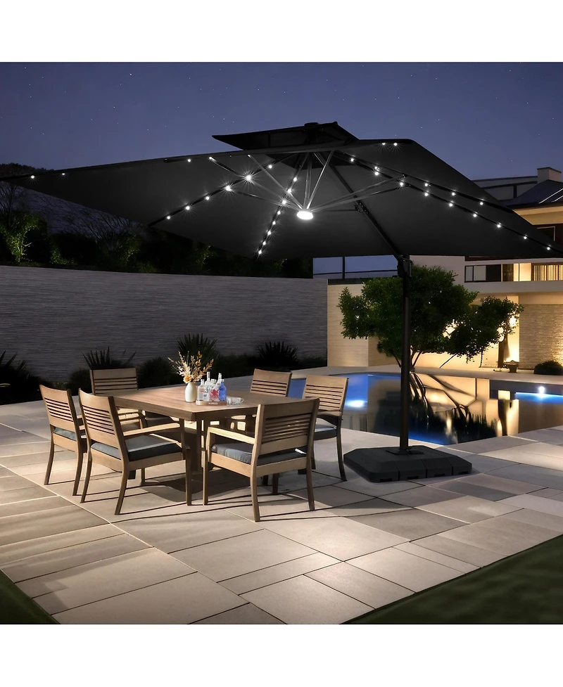 Pellebant Outdoor Patio 9x11FT Aluminum Double Canopy Solar Lights Cantilever Umbrella with Base