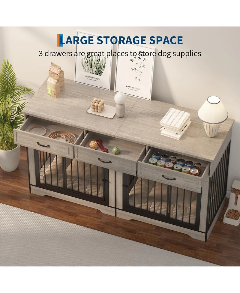 Gaomon Extra Large Double Dog Crate Furniture for 2 Medium Large Dogs Wooden Kennel End Table Tv Stand Chew Resistant with 3 Storage Drawers