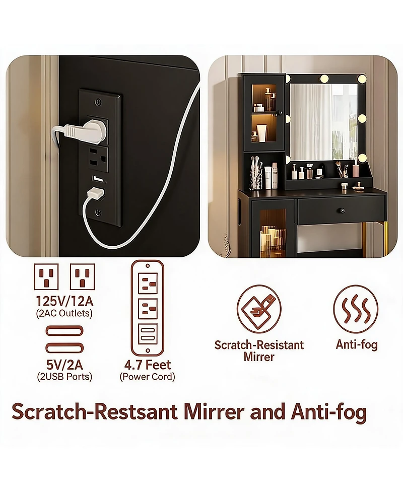homfan Vanity Desk With Mirror Lights Dressing Table Adjustable Bulbs Outlets and Usb Ports Mdf Top Metal Leg Storage Drawers & Cabinets
