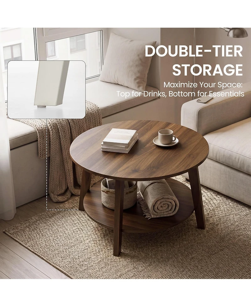 Gaomon 2-Tier Modern Round Coffee Table with Storage Shelf for Living Room, Wooden Accent Table with Curved Legs