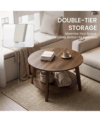 Gaomon 2-Tier Modern Round Coffee Table with Storage Shelf for Living Room, Wooden Accent Table with Curved Legs