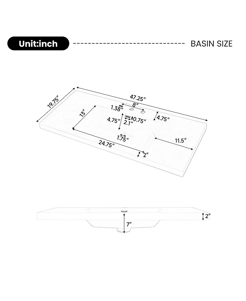 Sillysis 47 Inch Bathroom Vanity Top with Integrated Resin Sink, Overflow and 3 Faucet Holes for Modern Bathrooms