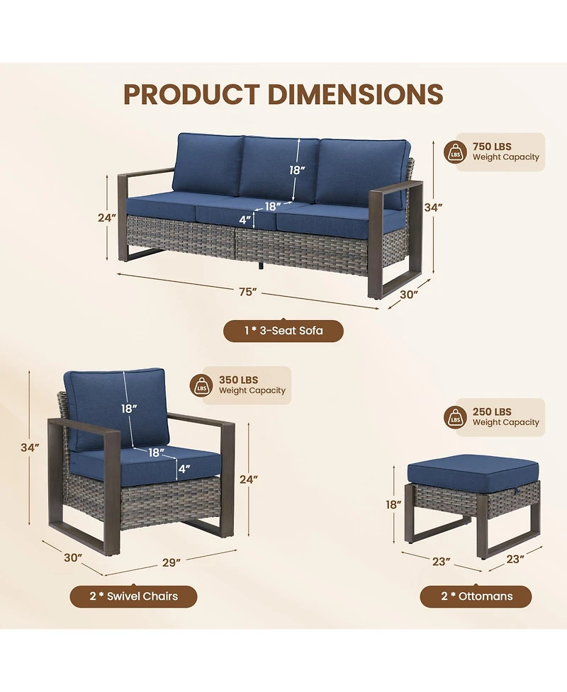 Pocassy 5 Pieces Outdoor Furniture-High Back Wicker Couch Patio Chairs Set of 2 with Comfy Cushions Ottomans Furniture