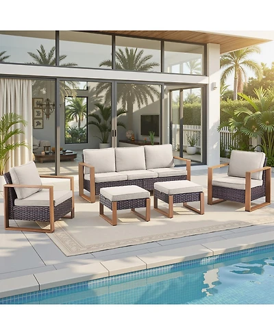 Pocassy 5 Pieces Outdoor Furniture-High Back Wicker Couch Patio Chairs Set of 2 with Comfy Cushions Ottomans Furniture
