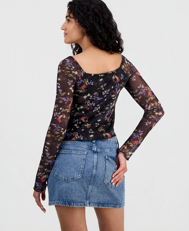 Just Polly Juniors' Sweetheart-Neck Long-Sleeve Mesh Top