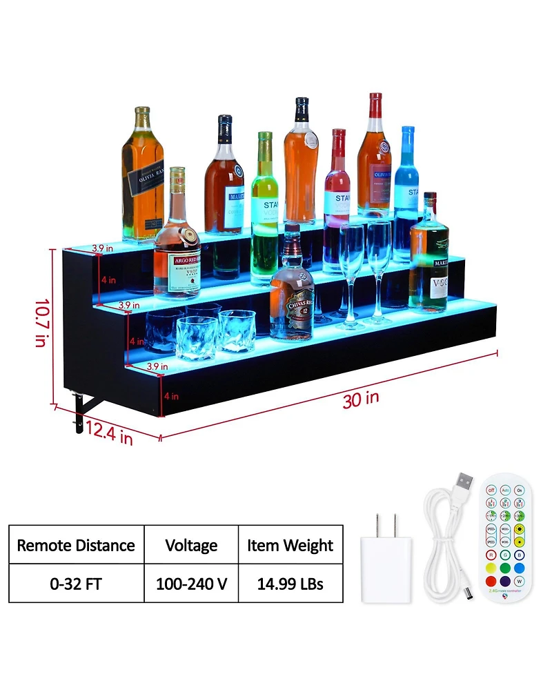 homfan 30 Inch Acrylic Wine Cabinet, 3-Tier Wall Mounted Led Liquor Display Shelf with Remote and App, Illuminated Wine Storage Organizer for Home Bar