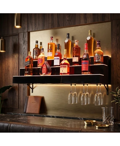 homfan 30 Inch Acrylic Wine Cabinet, 3-Tier Wall Mounted Led Liquor Display Shelf with Remote and App, Illuminated Wine Storage Organizer for Home Bar