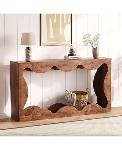 homfan Scalloped Console Table, Farmhouse Narrow Sofa Table with Storage for Entryway, Living Room