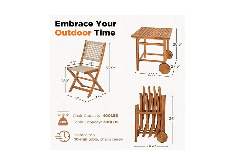 Aecojoy 5 Piece Outdoor Patio Dining Set, Acacia Wood Outdoor Table and Chairs with Wheels