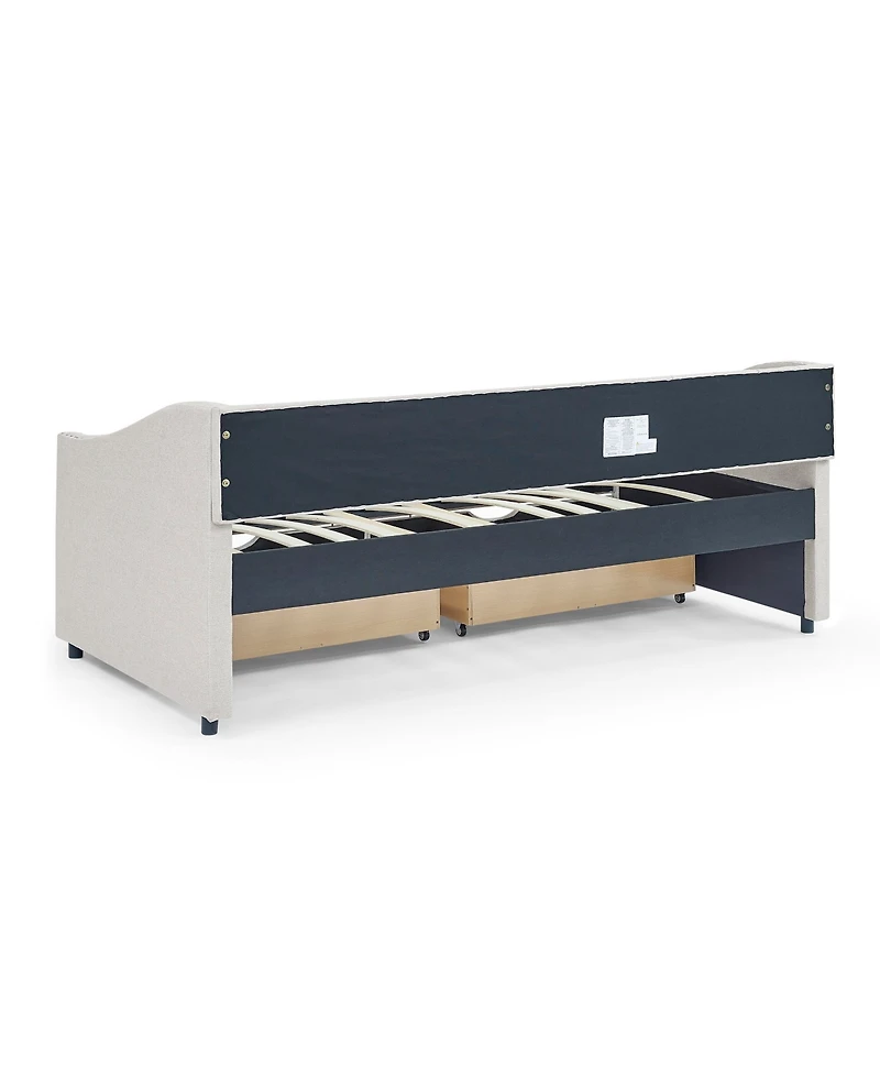 Clihome Daybed with Drawers Upholstered Tufted Sofa Bed, Button on Back and Copper Nail Waved Shape Arms
