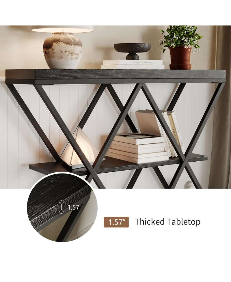 homfan Industrial 3-Tier Entryway Console Table with X-Shaped Metal Frame, Open Shelves and Adjustable Feet
