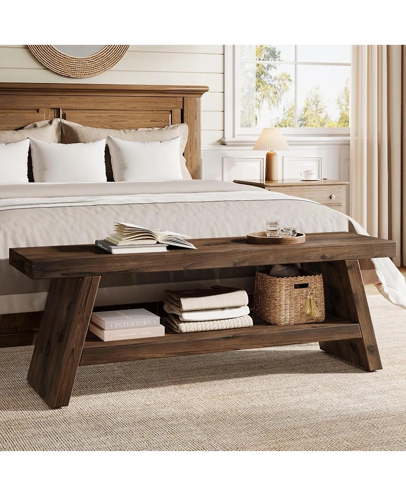 Tribesigns 2-Tier Entryway Bench, Hallway Foyer Solid Wood Seating with Open Shelves
