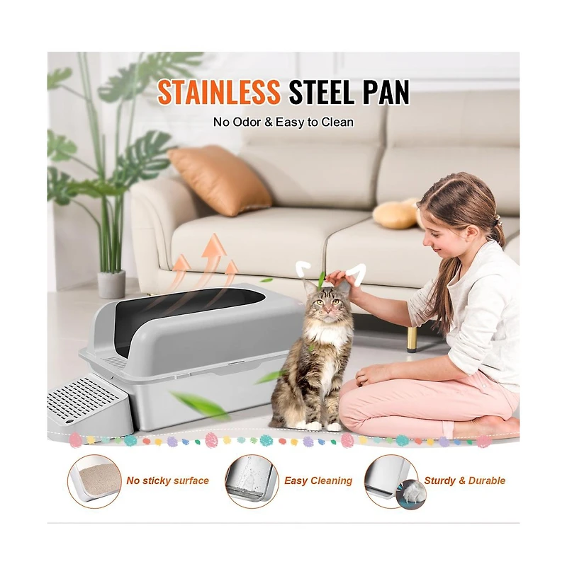 Ruie Stainless Steel Cat Litter Box Xl 6 In Deep With Scoop Filter Foot Board