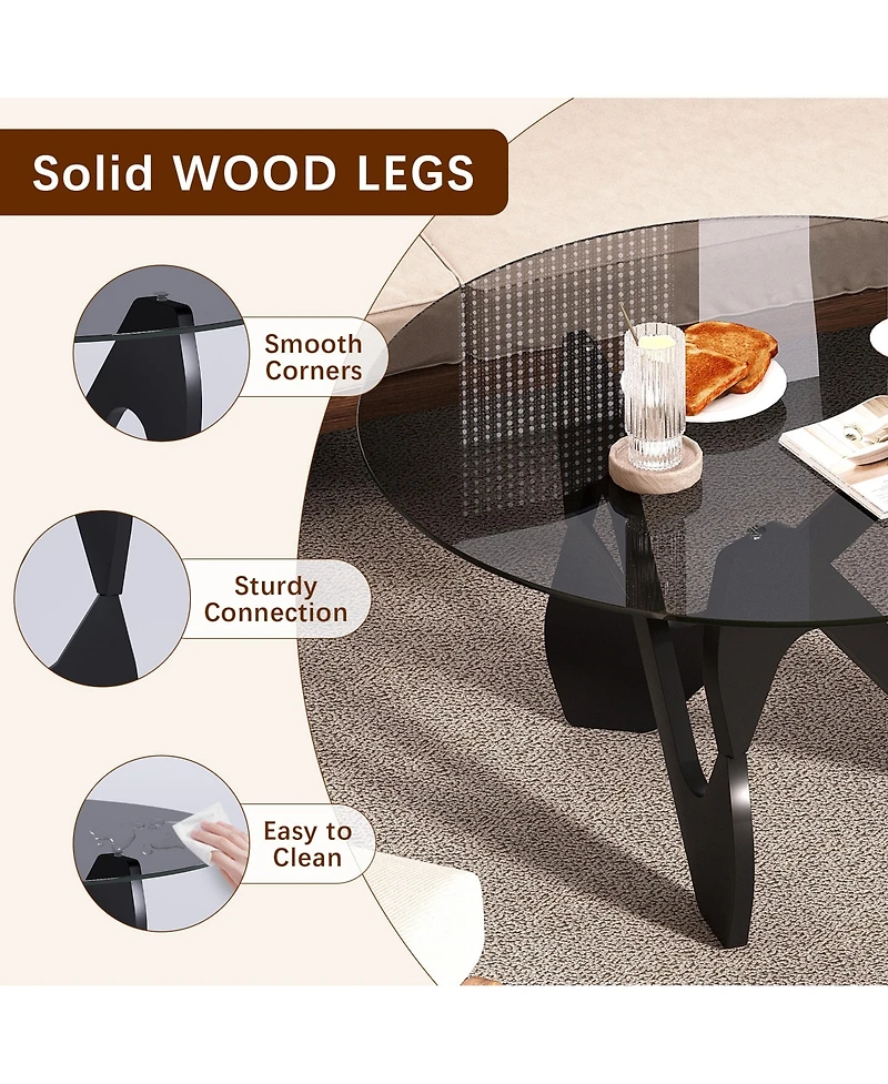 Vlsrka Modern Round Glass Coffee Table, Sculptural Cutout Base Design