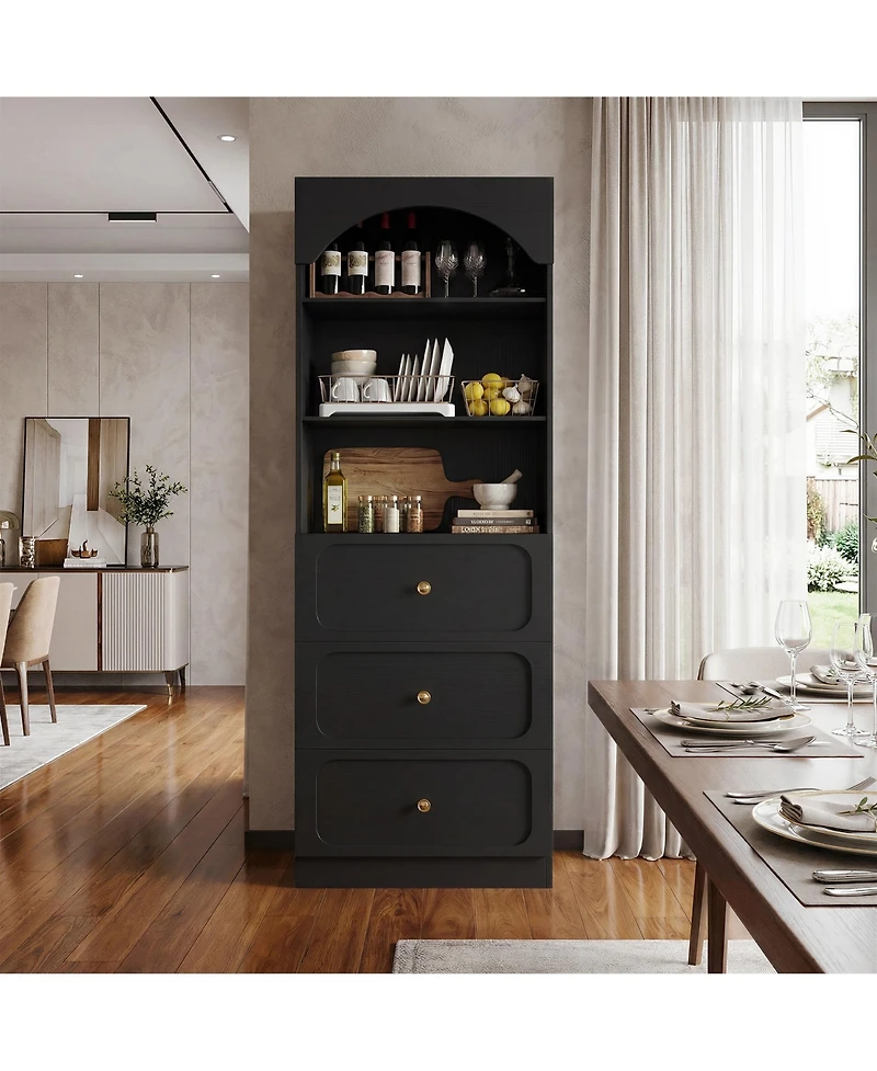 Aheaplus Wooden Pantry Storage Cabinets with 3-Tier Open Shelves, 80" Tall Bookshelf 3 Drawers