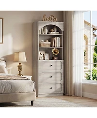 Aheaplus Wooden Pantry Storage Cabinets with 3-Tier Open Shelves, 80" Tall Bookshelf with 3 Drawers
