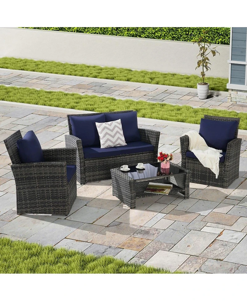 Asagikoiai 4-Piece Weather Resistant Patio Conversation Set with Wicker Chairs and Glass Table