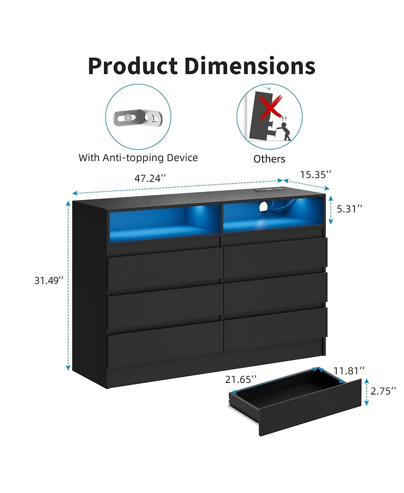 homfan Modern 6-Drawer Dresser with Led Lights and Usb Charging - Wide Storage Cabinet for Bedroom, Living Room, Entryway