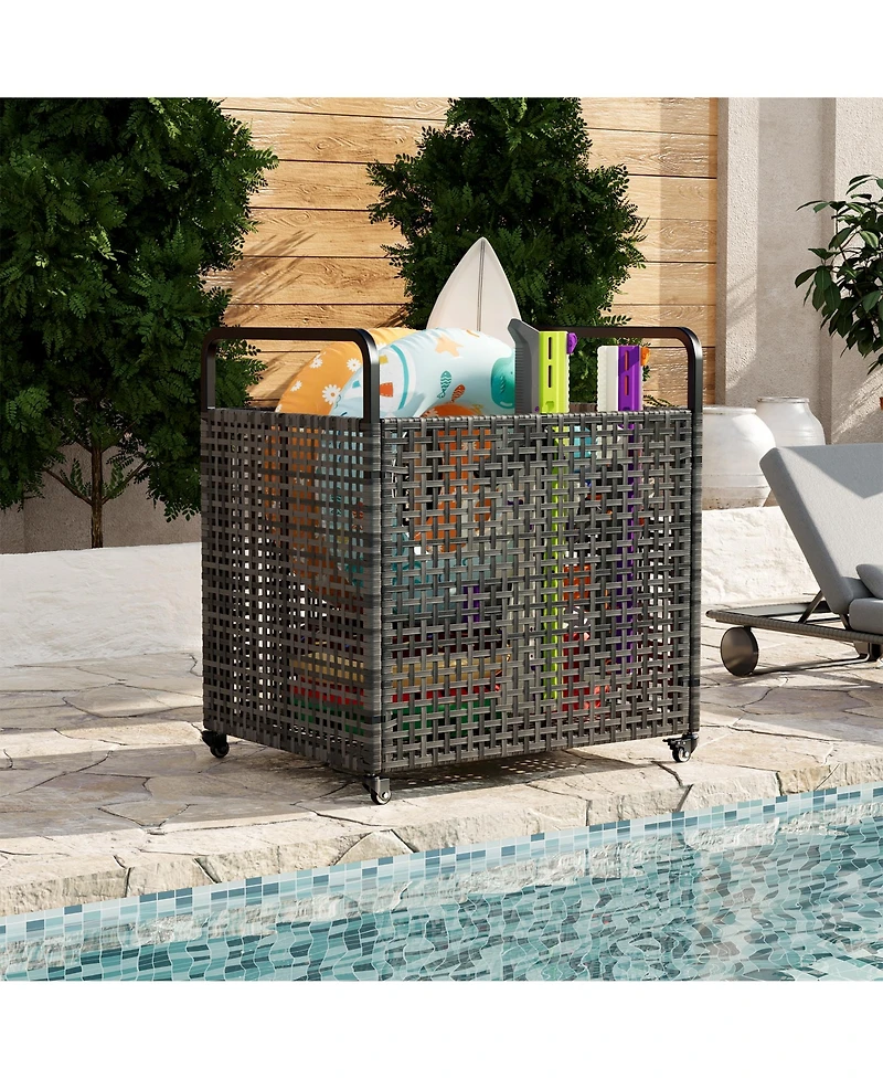homfan Outdoor Poolside Storage Bin with Wheels, Mesh Sides, and 2 Handles for Floats, Noodles, Toys, Balls