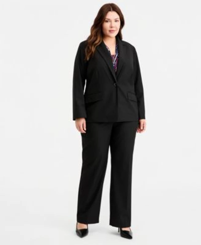 Kasper Plus Size One Button Blazer Mid Rise Straight Leg Pants
