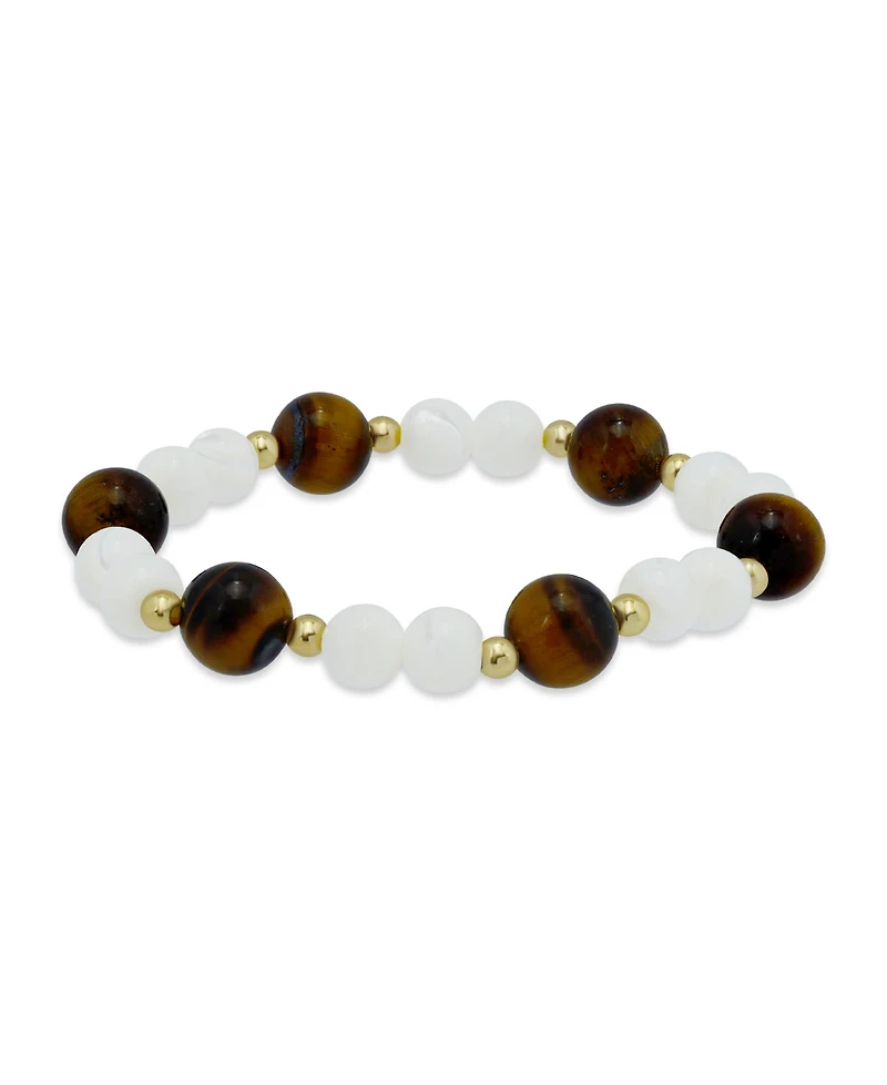 Macy's 14k Gold-Plated Over Brass Imitation Pearl Tigers Eye Beads Stretch Bracelet