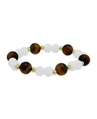 Macy's 14k Gold-Plated Over Brass Imitation Pearl Tigers Eye Beads Stretch Bracelet