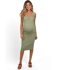 Pinkblush Maternity Light Olive Ribbed Fitted Sleeveless Snap Button Dress